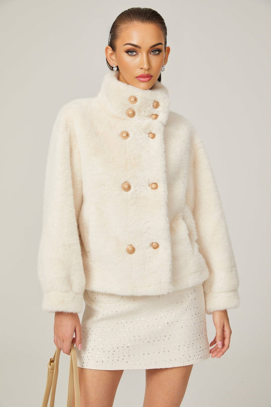 Miracle White Faux Fur Double Breasted Jacket with Stand-up Collar and Front Button Fastening