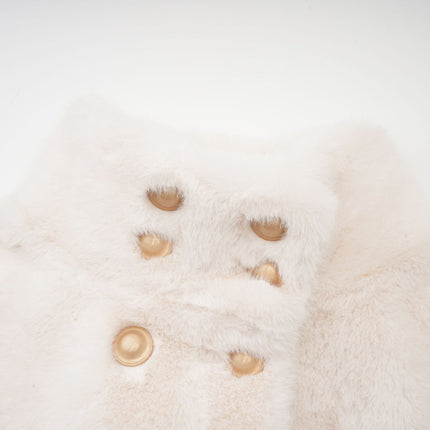 Miracle White Faux Fur Double Breasted Jacket with Stand-up Collar and Front Button Fastening