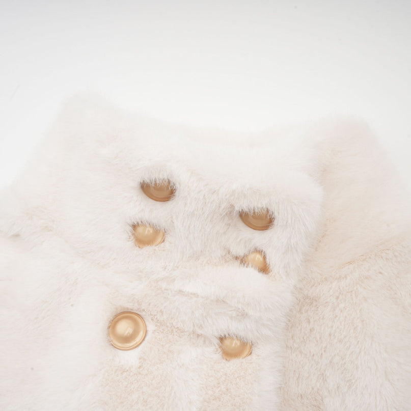 Miracle White Faux Fur Double Breasted Jacket with Stand-up Collar and Front Button Fastening