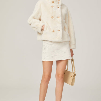 Miracle White Faux Fur Double Breasted Jacket with Stand-up Collar and Front Button Fastening