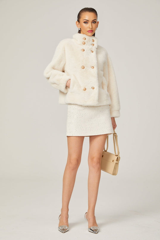 Miracle White Faux Fur Double Breasted Jacket with Stand-up Collar and Front Button Fastening
