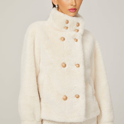 Miracle White Faux Fur Double Breasted Jacket with Stand-up Collar and Front Button Fastening