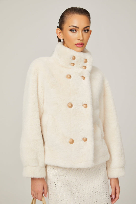 Miracle White Faux Fur Double Breasted Jacket with Stand-up Collar and Front Button Fastening