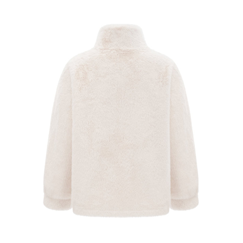 Miracle White Faux Fur Double Breasted Jacket with Stand-up Collar and Front Button Fastening