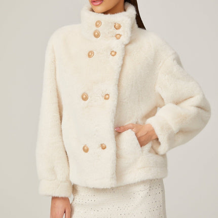 Miracle White Faux Fur Double Breasted Jacket with Stand-up Collar and Front Button Fastening