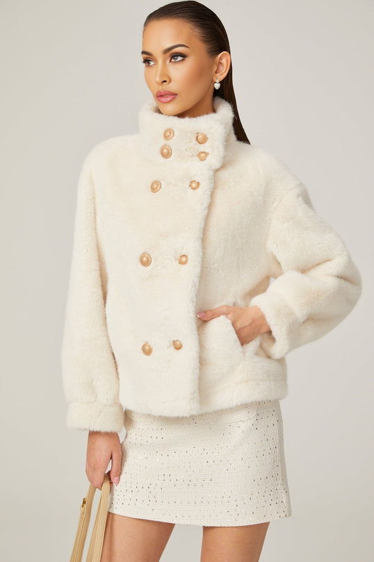 Miracle White Faux Fur Double Breasted Jacket with Stand-up Collar and Front Button Fastening