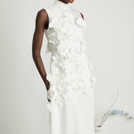 Miracle White Maxi Dress with Faux-Flower Embellishment and Neck Bow-Tie Design