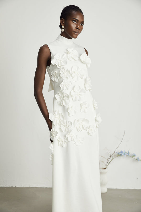 Miracle White Maxi Dress with Faux-Flower Embellishment and Neck Bow-Tie Design