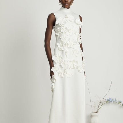Miracle White Maxi Dress with Faux-Flower Embellishment and Neck Bow-Tie Design