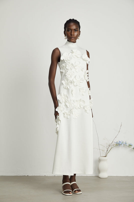 Miracle White Maxi Dress with Faux-Flower Embellishment and Neck Bow-Tie Design