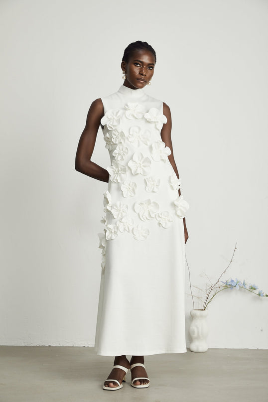Miracle White Maxi Dress with Faux-Flower Embellishment and Neck Bow-Tie Design