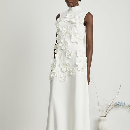 Miracle White Maxi Dress with Faux-Flower Embellishment and Neck Bow-Tie Design