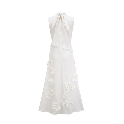 Miracle White Maxi Dress with Faux-Flower Embellishment and Neck Bow-Tie Design