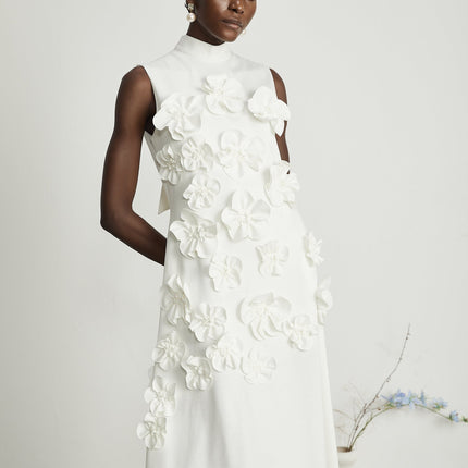 Miracle White Maxi Dress with Faux-Flower Embellishment and Neck Bow-Tie Design