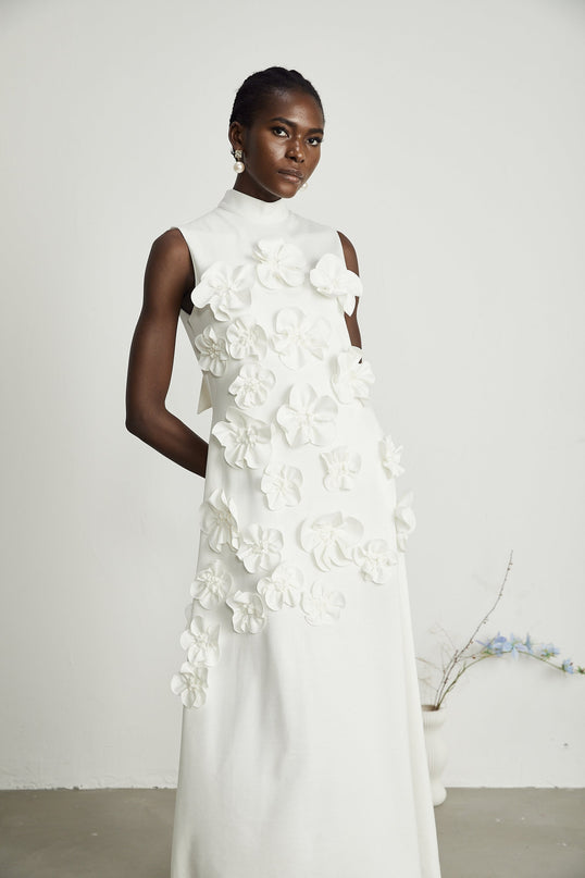 Miracle White Maxi Dress with Faux-Flower Embellishment and Neck Bow-Tie Design