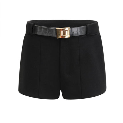 Miranda Black Belted Shorts with Gold-Tone Hardware Terylene Fiber