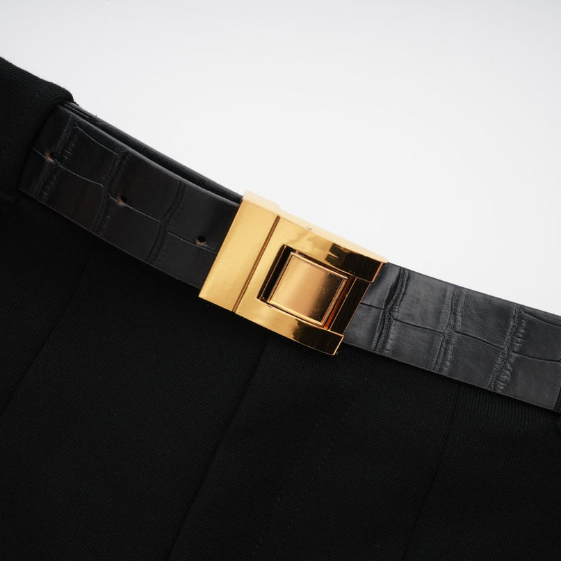Miranda Black Belted Shorts with Gold-Tone Hardware and Side Pockets