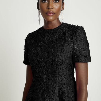 Miranda Black Floral Appliqué Crystal Embellished Mini Dress