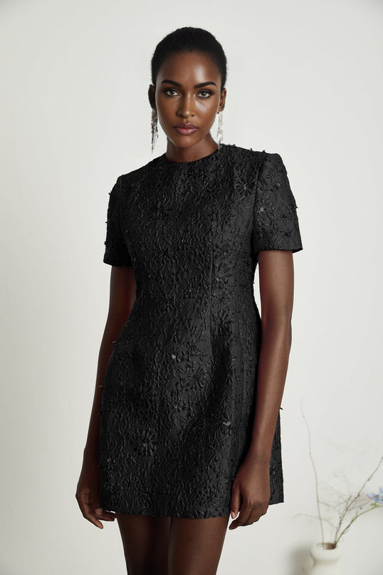 Miranda Black Floral Appliqué Crystal Embellished Mini Dress
