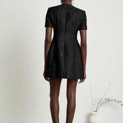 Miranda Black Floral Appliqué Mini Dress with Crystal Embellishment