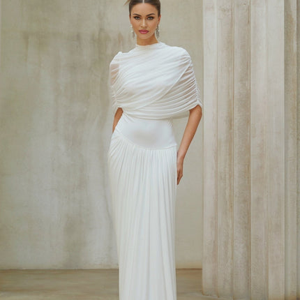 Miranda Maxi Dress White Mesh Shawl Pleated Detailing Floor-Length Crew Neck Sleeveless