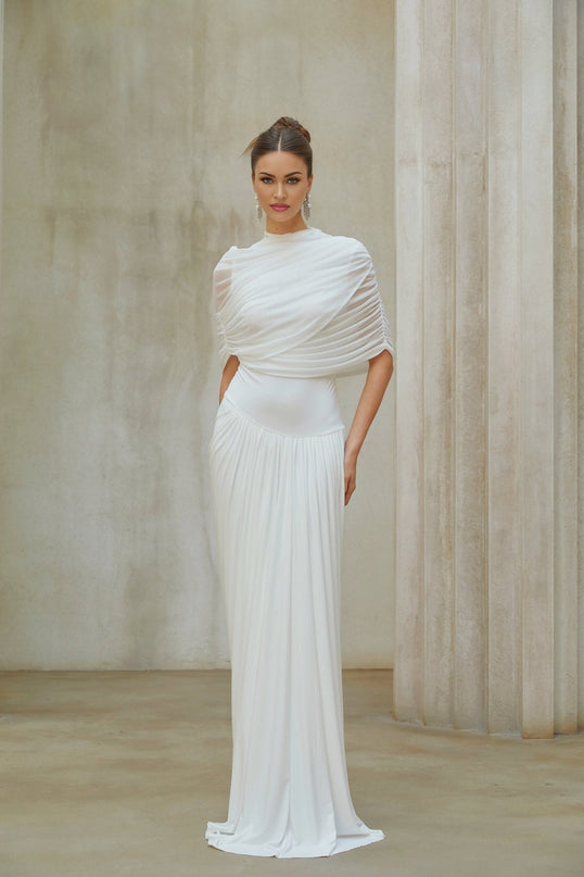 Miranda Maxi Dress White Mesh Shawl Pleated Detailing Floor-Length Crew Neck Sleeveless