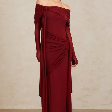 Miranda Red Pleated Ruched Asymmetrical Gown
