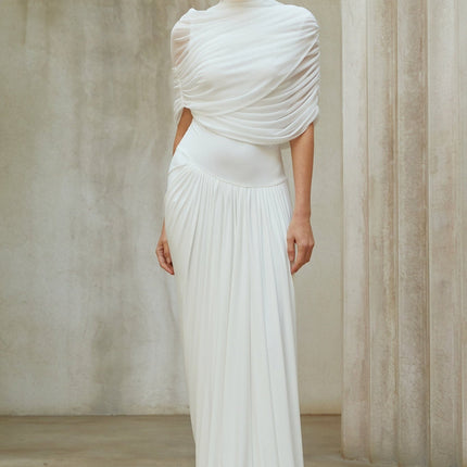 Miranda White Maxi Dress Mesh Shawl Pleated Detailing Floor-Length Crew Neck Sleeveless