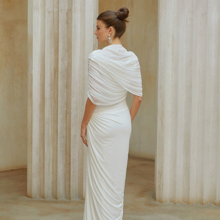 Miranda White Maxi Dress with Mesh Shawl and Pleated Detailing