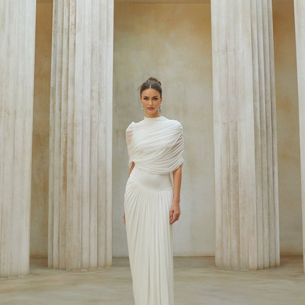 Miranda White Maxi Dress Mesh Shawl Pleated Detailing Crew Neck Sleeveless Elegant Modern Design