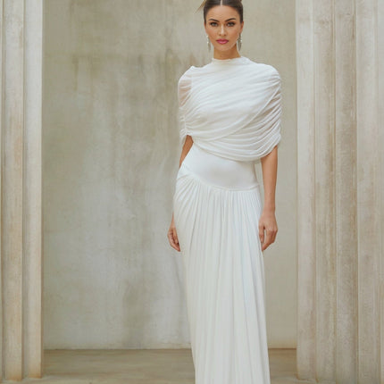 Miranda White Maxi Dress Mesh Shawl Pleated Detailing Asymmetrical Silhouette Semi-Sheer Floor-Length Crew Neck Sleeveless Polyamide Elastane