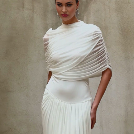 Miranda White Maxi Dress Mesh Shawl Pleated Detailing Crew Neck Sleeveless