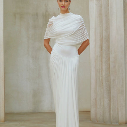 Miranda White Maxi Dress Mesh Shawl Pleated Detailing Asymmetrical Silhouette Semi-Sheer Floor-Length Crew Neck Sleeveless