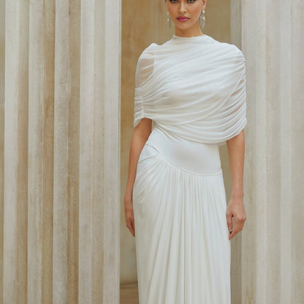 Miranda White Maxi Dress Mesh Shawl Pleated Detailing Asymmetrical Silhouette Semi-Sheer Floor-Length Crew Neck Sleeveless