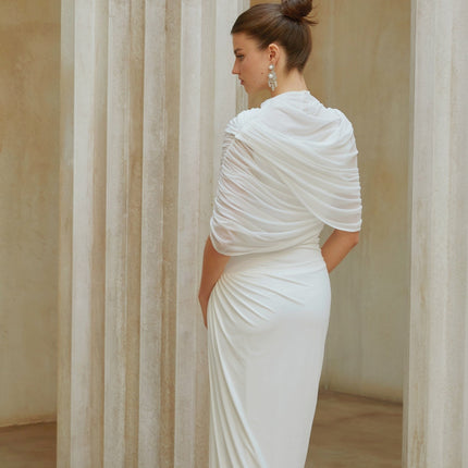Miranda White Maxi Dress Mesh Shawl Pleated Detailing Asymmetrical Silhouette Semi-Sheer Floor-Length Chic Crew Neck Sleeveless Elegant Modern Design