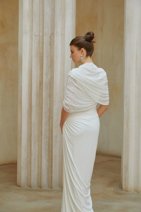 Miranda White Maxi Dress Mesh Shawl Pleated Detailing Asymmetrical Silhouette Semi-Sheer Floor-Length Chic Crew Neck Sleeveless Elegant Modern Design
