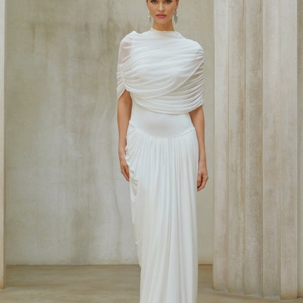 Miranda White Maxi Dress Mesh Shawl Pleated Detailing Floor-Length Crew Neck Sleeveless