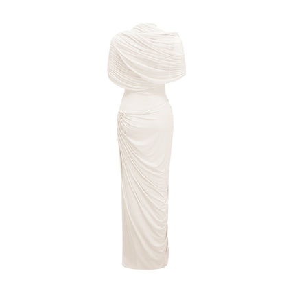 Miranda White Mesh Shawl Pleated Maxi Dress