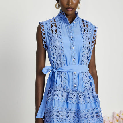 Mireille Blue Lace Sleeveless Mini Dress