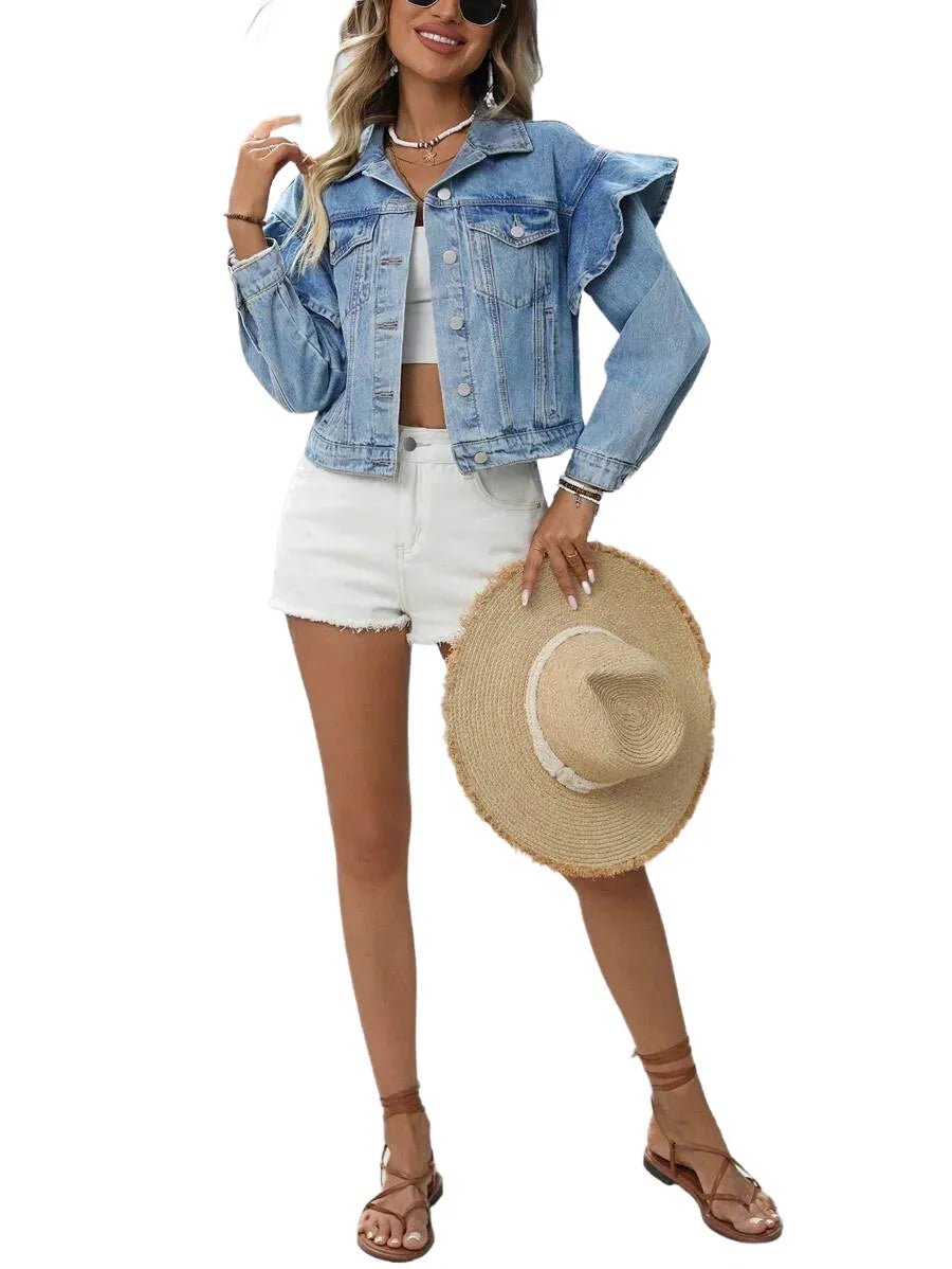 Mirella Cropped Denim Jacket with Ruffle Sleeves in Blue - XS