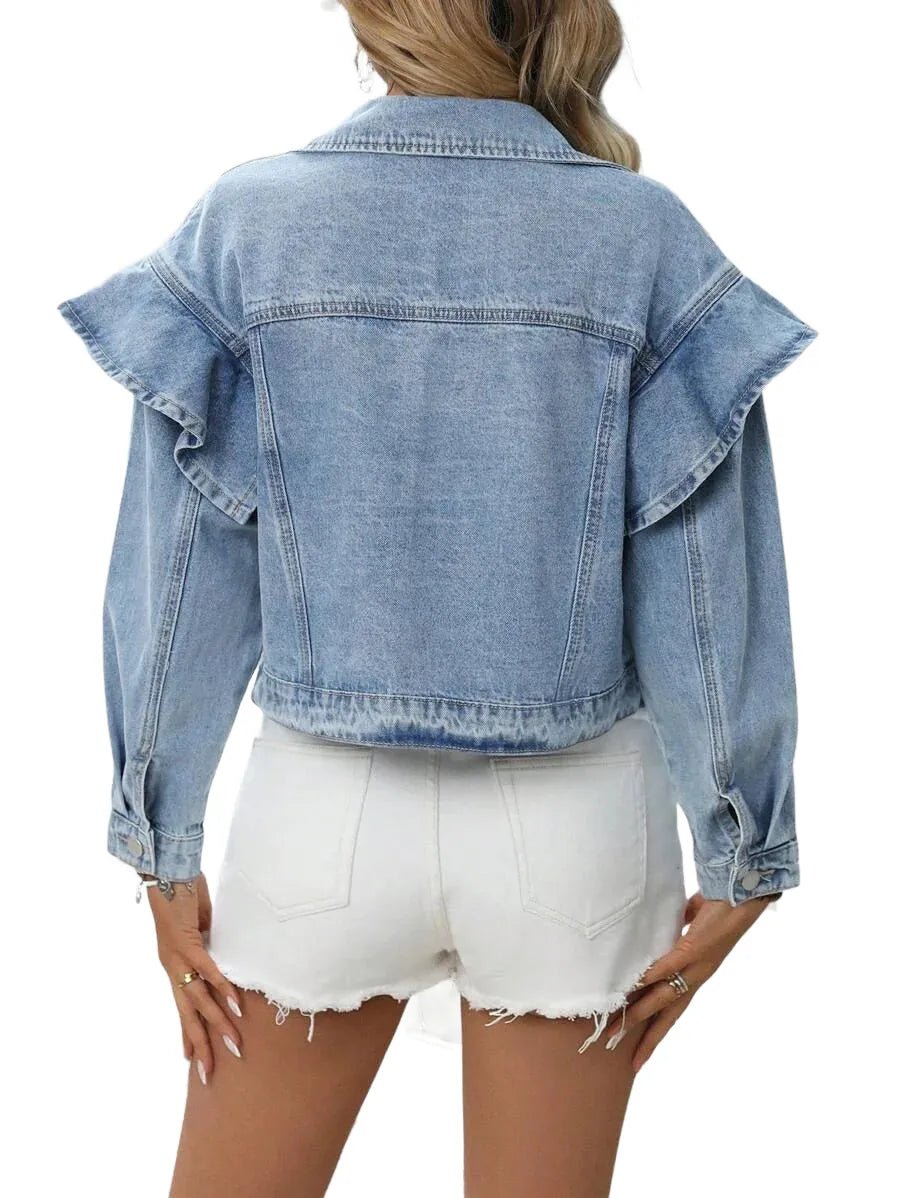 Mirella Cropped Denim Jacket with Ruffle Sleeves in Blue - XS