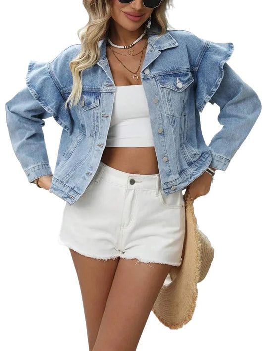 Mirella Cropped Denim Jacket with Ruffle Sleeves in Blue - XS