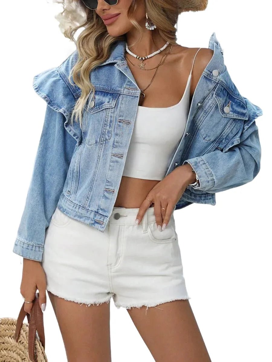Mirella Cropped Denim Jacket with Ruffle Sleeves in Blue - XS