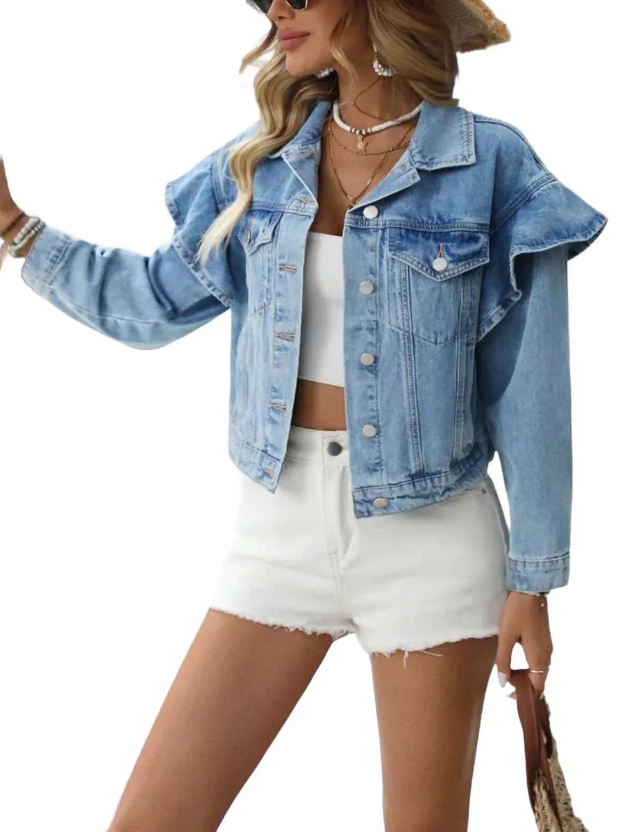 Mirella Cropped Denim Jacket with Ruffle Sleeves in Blue - XS