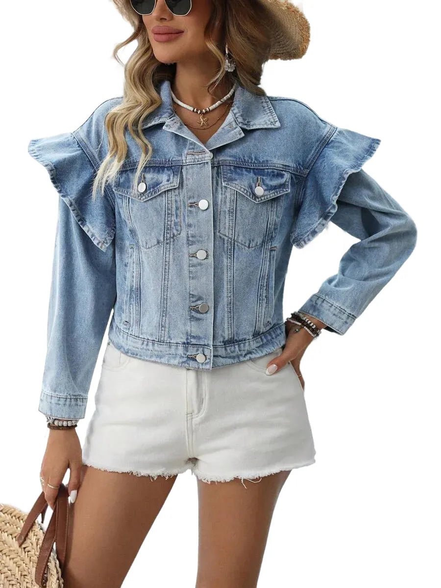 Mirella Cropped Denim Jacket with Ruffle Sleeves in Blue - XS