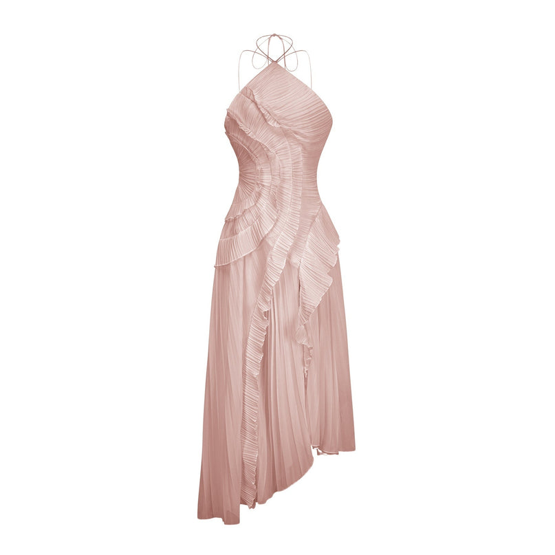 Mirella Lavender Pink Halterneck Midi Dress with Ruffled Trim