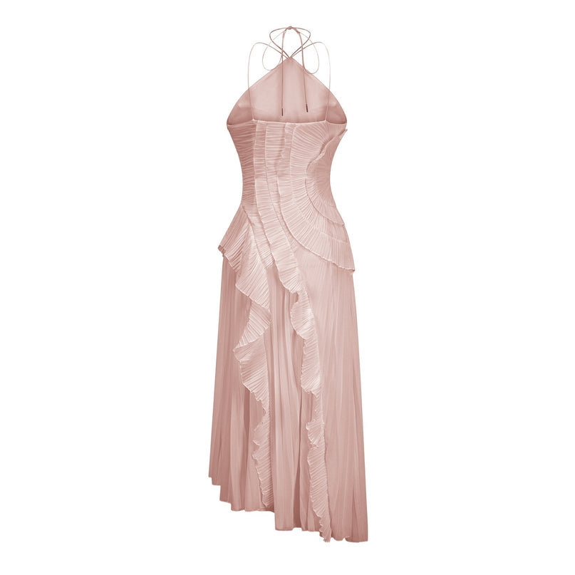 Mirella Lavender Pink Halterneck Midi Dress with Ruffled Trim and Front Slit