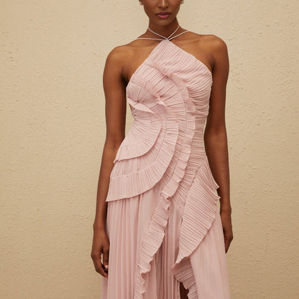 Mirella Lavender Pink Halterneck Midi Dress with Ruffled Trim