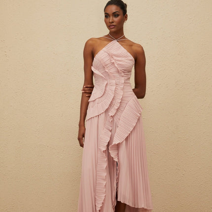 Mirella Lavender Pink Halterneck Midi Dress with Ruffled Trim and Front Slit