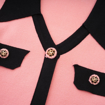 Mirella Pink and Black Long Sleeved Dress Polyester Cotton V-Neck Thigh-Length Modern Flair Patch Pockets Elegant Sophisticated Fashion